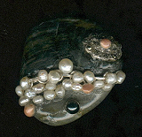 Paper press pebble, fresh water silver pearls. 